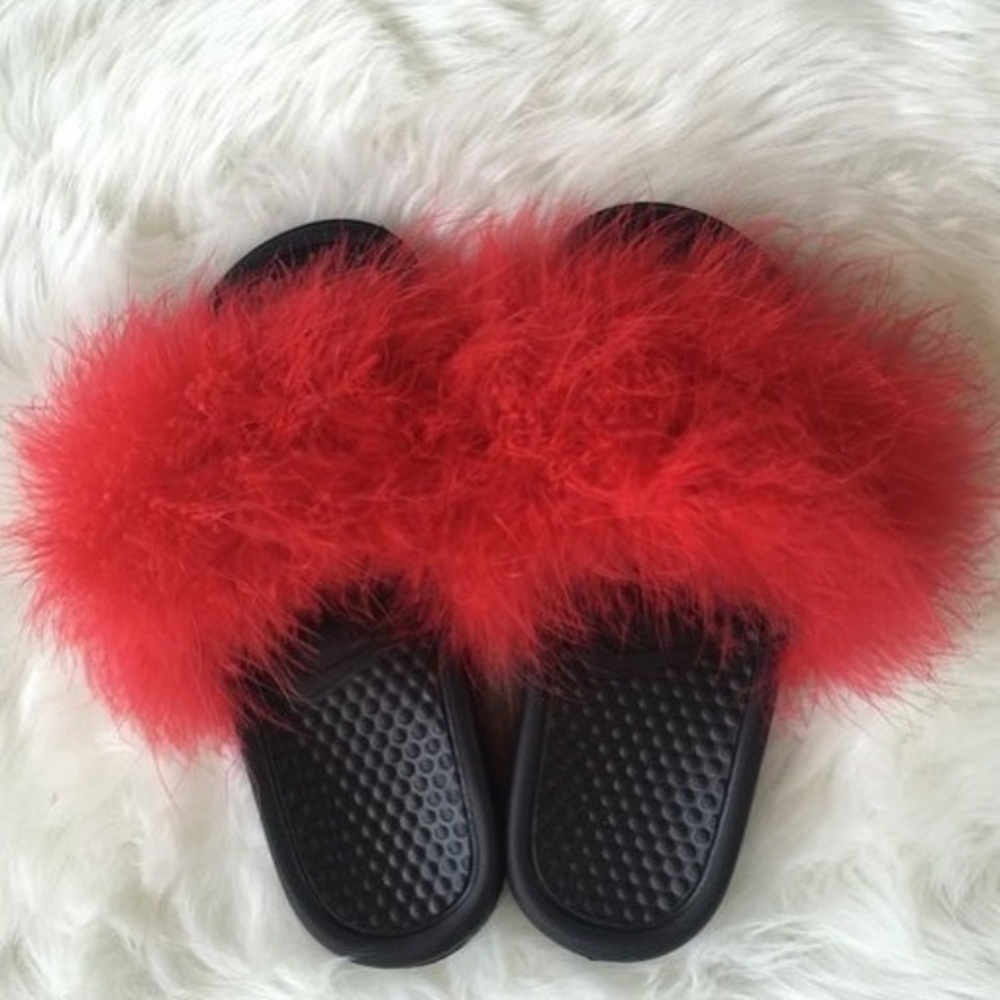 Red Nike Fur Slides